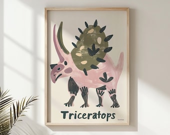 Dinosaur Nursery Wall Art, Triceratops Kids Poster, Prehistoric Animal Print Decor, Playful Paleontology, child Room Gift Idea