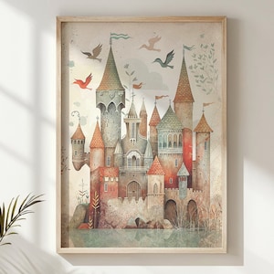 Enchanted Castle Print, Fairytale Nursery Wall Art, Kids Fantasy Poster, Magical Kingdom Decor Gift Printable Artwork Storybook Illustration