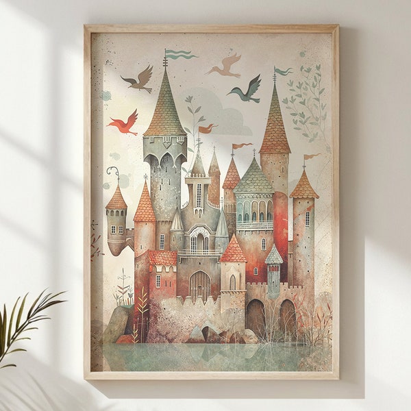 Enchanted Castle Print, Fairytale Nursery Wall Art, Kids Fantasy Poster, Magical Kingdom Decor Gift Printable Artwork Storybook Illustration