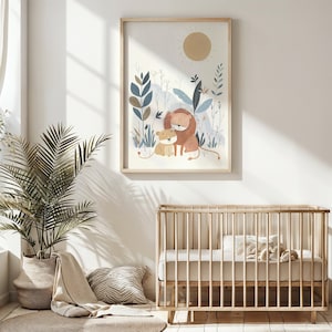 Stampa della famiglia dei leoni, arte della parete dell'asilo nido Safari, arredamento della camera dei bambini, poster del cucciolo di leone, arte stampabile dell'asilo nido, sole e flora, toni neutri, regalo