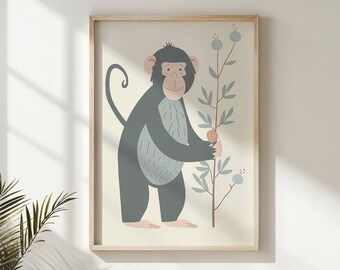 Monkey and Blueberries Nursery Wall Art, Kids Jungle Animal Poster, Printable Neutral Decor, Baby Room Illustration, Chimpanzee Print Gift