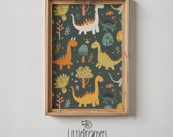 Arte da parete per la cameretta dei dinosauri, stampa per bambini Dinosauri giocosi Poster stampabile colorato Decorazioni per la camera dei bambini Regalo Download digitale istantaneo