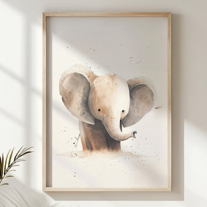 Impresión de acuarela de elefante bebé, arte de la pared de la guardería, cartel de niños de animales safari, obras de arte imprimibles, decoración de la guardería neutral, regalo de la habitación de los niños