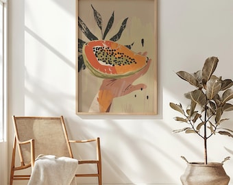 Papaya tropisch fruit print, kinderkamer kunst aan de muur, kinderkamer decor, speelse keuken poster afdrukbare kunst moderne home decor digitale download cadeau