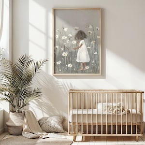 Daisy Field Mädchen Kunstdruck, Kinderzimmer Wandkunst, Kinderzimmer Dekor, botanische Poster, druckbare digitaler Download, neutrale Töne, Geschenk für Kind