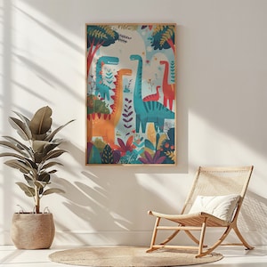 Dinosaurio vivero pared arte niño dinosaurio impresión colorido tema prehistórico cartel imprimible decoración de la pared decoración de la habitación del bebé carteles educativos para niños