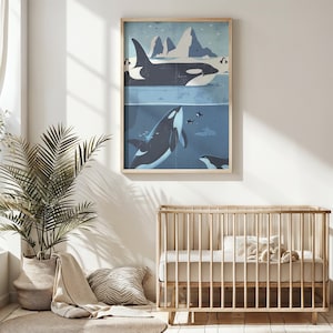 Ballena orca imprimible, arte de la pared del vivero del océano Ártico, cartel de animales marinos para niños, decoración de la vida marina, escena submarina educativa, regalo para niños