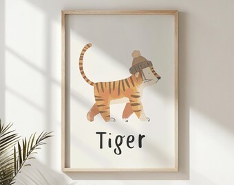 Tiger Nursery Wall Art, Kids Room Decor, Animal Poster with Hat, Printable Artwork, Safari Theme, Baby Shower Gift, Child Educational Print
