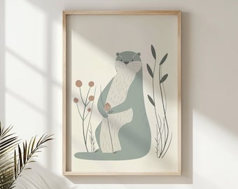 Sztuka ścienna do pokoju dziecięcego Otter, wystrój pokoju dziecięcego, plakat ze zwierzętami, neutralne kolory do druku, ilustracja Baby Otter, motyw leśny, pomysł na prezent