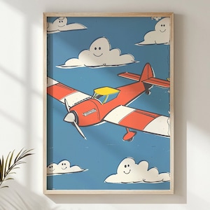 Flugzeug und Wolken Kinderzimmer Wand kunstdruck, Kinderzimmer Luftfahrt Poster, Vintage Stil Kinderdekoration, Rotes Flugzeug zum Ausdrucken, Geschenk für Kinder
