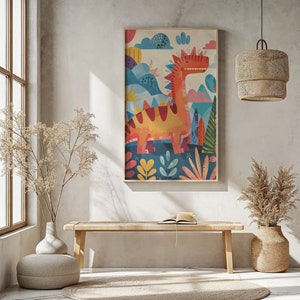 Dinosaurier Kinderzimmer Wand Kunst zum ausdrucken, Bunte Kinder Dino Poster, Prähistorisches Kleinkind Dekor Geschenk, Verspielte T-Rex Illustration, Kinderzimmer Dekor