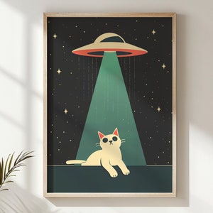 Ruimte-thema kat kwekerij kunst aan de muur, kinderkamer Alien poster, afdrukbare Sci-Fi dieren decor, kosmische UFO Kitten Art Print, cadeau voor kinderen