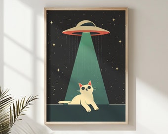 宇宙をテーマにした猫の保育園の壁アート、子供部屋のエイリアンポスター、印刷可能なSF動物の装飾、宇宙UFO子猫アートプリント、子供への贈り物