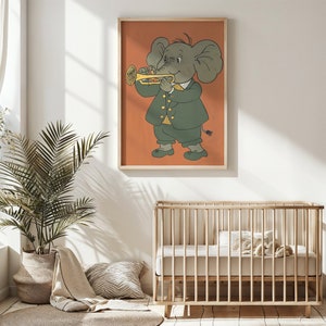 Elefant Musiker Kinderzimmer Wandkunst, Kinder Trompete spielendes Tier Poster, druckbare Kinderzimmer Dekor, Kinder Musik Kunst, Geschenk