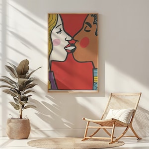 Impresión colorida de retratos de amor abstracto, arte de la pared de la guardería, decoración de la habitación de los niños, ilustración de pareja, arte moderno imprimible, regalo, descarga instantánea
