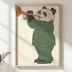 Panda Playing Trumpet Nursery Wall Art, Kids Music Themed Posters, Printable Artwork, Baby Room Decor Gift, Jazz Animal Illustration Print