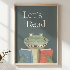Educational Alligator Reading Printable, Nursery Wall Art, Kids Posters, Book Lover Decor, Gift for Young Reader, Instant Download Art