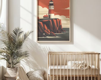 Nautical Lighthouse Print, Nursery Wall Art, Kids Coastal Poster, Printable Ocean Decor Gift, Seaside Landscape, Red and Cream Palette