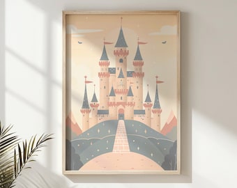 Fairytale Castle Nursery Wall Art, Kids Fantasy Poster, Printable Princess Castle Decor, Pastel Children's Room Artwork, Gift for Kids