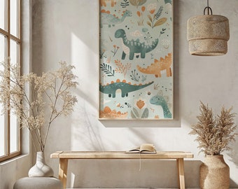 Arte da parete per la cameretta dei dinosauri per bambini, arredamento per poster a tema preistorico, arte stampabile Dino giocosa, arredamento per la cameretta dei bambini, regalo per i bambini
