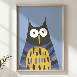 Arte murale per la cameretta dei bambini con gufo, poster per bambini con uccelli stravaganti, illustrazione di animali stampabile per la decorazione della cameretta dei bambini, idea regalo unica