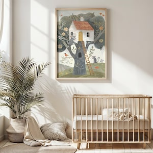 Whimsical Treehouse Nursery Wall Art, Woodland Animals Kids Poster, Printable Enchanted Forest Decor, Storybook Illustration Gift