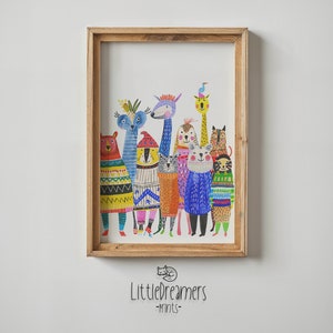Colorido safari animales vivero arte de la pared, decoración de la habitación de los niños, cartel de amigos animales, arte imprimible, regalo de la habitación del bebé, decoración brillante de la sala de juegos