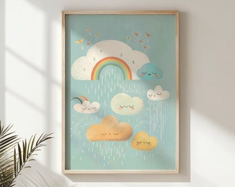 Smiling Clouds and Rainbow Nursery Wall Art, Kids Room Decor, Cute Weather Poster, Printable Art, Baby Room Decor Gift, Instant Download