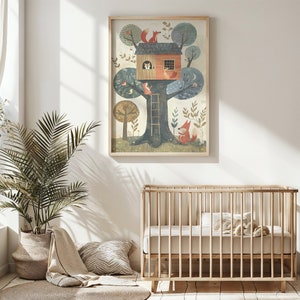 Wunderbare Fuchs Baumhaus Illustration, Kinderzimmer Wandkunst, Kinder Waldtier Poster, druckbare Kinderzimmer Dekor, Geschenk für Naturliebhaber