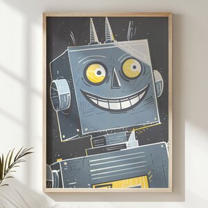 Könnte beinhalten: Eine digitale Illustration eines freundlichen Roboters mit einem breiten Lächeln und gelben Augen. Der Roboter ist blau und grau vor einem schwarzen Hintergrund.