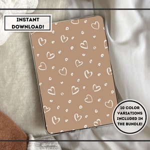 May include: A digital tablet case with a brown background and a white heart pattern. The text "INSTANT DOWNLOAD!" and "10 COLOR VARIATIONS INCLUDED IN THE BUNDLE!" is visible on the image.