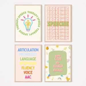 May include: Four framed art prints with speech therapy themes. One print features a lightbulb design with the words "Therapy Speech" around it. Another print says "Speechie" repeatedly. The third print lists speech therapy terms. The last print says "You can do hard things".