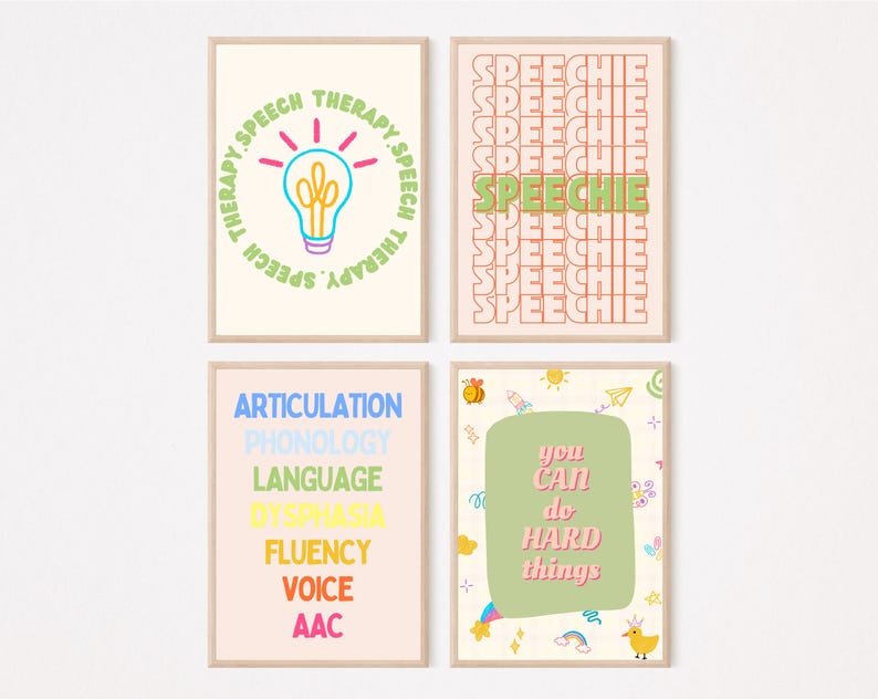 May include: Four framed art prints with speech therapy themes. One print features a lightbulb design with the words "Therapy Speech" around it. Another print says "Speechie" repeatedly. The third print lists speech therapy terms. The last print says "You can do hard things".
