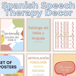 May include: Set of 10 colorful posters in Spanish for speech therapy. The posters feature phrases like "Bienvenidos a Terapia del Habla!" and "Patóloga del habla y lenguaje".