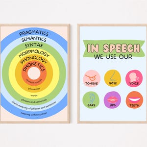May include: Two framed educational posters. One features concentric circles with linguistic terms like "Pragmatics" and "Phonetics." The other shows body parts used in speech, including "Tongue" and "Lips," with the text "In Speech We Use Our."