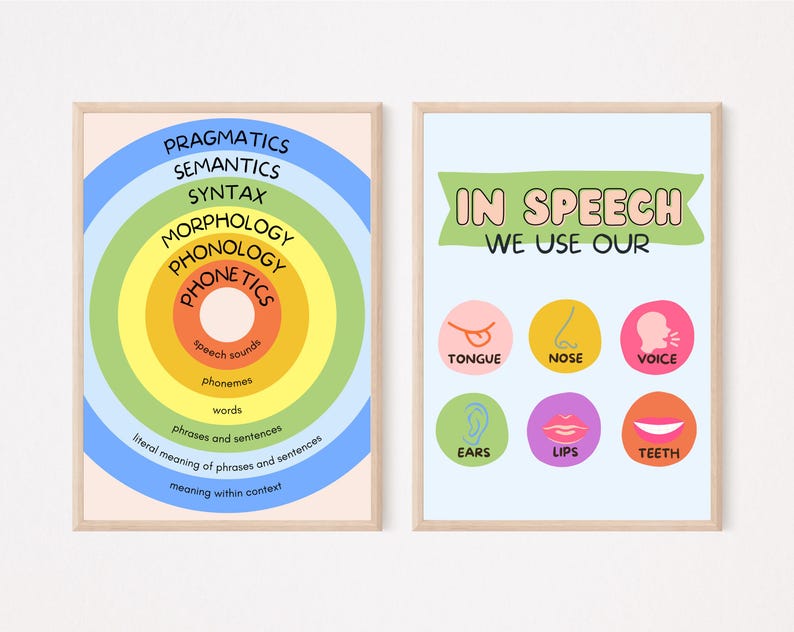 May include: Two framed educational posters. One features concentric circles with linguistic terms like "Pragmatics" and "Phonetics." The other shows body parts used in speech, including "Tongue" and "Lips," with the text "In Speech We Use Our."