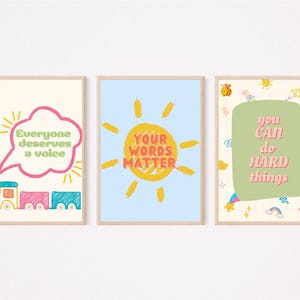 May include: Three framed art prints with inspirational messages. The first features a train and the text "Everyone deserves a voice." The second has a sun and reads "Your words matter." The third says "You can do hard things."