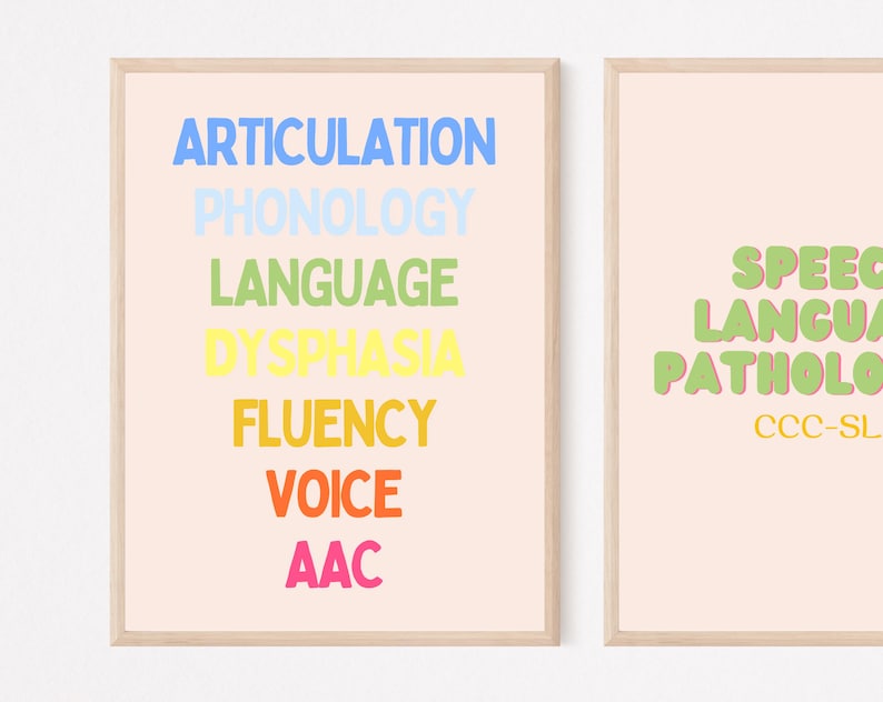 May include: Two framed art prints with text related to speech therapy. The left print has the words "Articulation, Phonology, Language, Dysphasia, Fluency, Voice, AAC" in various colors. The right print says "Speech, Language, Pathology" with "CCC-SLP" below.