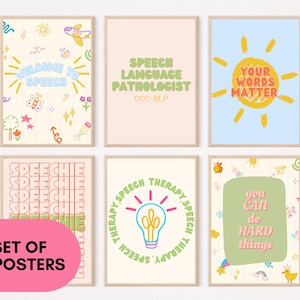 May include: A set of ten framed posters with colorful designs and text. The posters feature phrases like "Welcome to Speech," "Speech Language Pathologist," and "Your Words Matter." The set includes various illustrations and a pink banner that says "Set of 10 Posters."