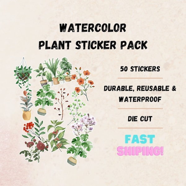 Plant Sticker Pack - Watercolor Bulk Greenery Stickers, Custom Handmade Die Cut Decals, Plant Lover, Gift for Plant Lovers