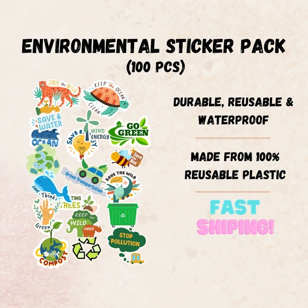 Environmental Sticker Pack - 100 Eco Friendly, Earth-Friendly Decals, Reduce Reuse Recycle, Go Green, Planet Stickers Pack