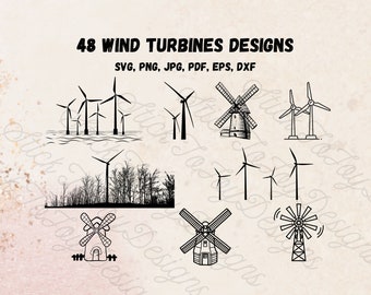 Wind Turbine SVG Clipart, 48 Windmill Designs (Digital Download)