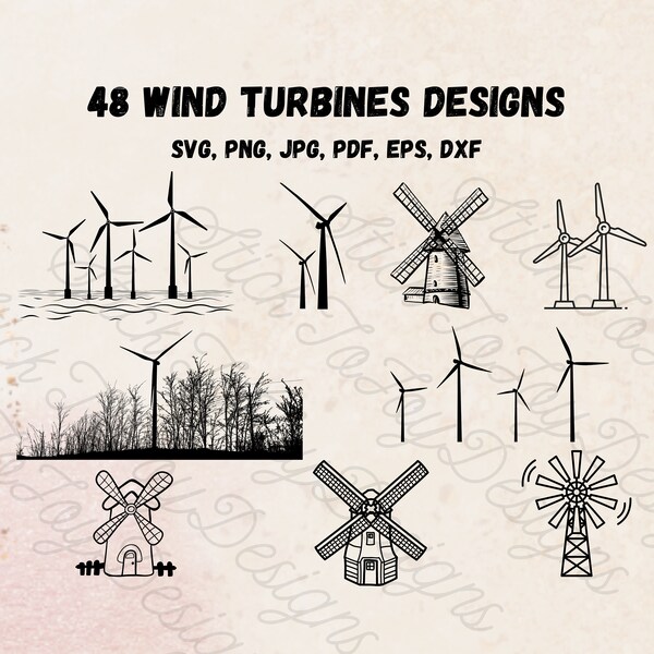 Wind Turbine SVG, Wind Mills SVG, Clip Art, 48 Unique and Creative High Quality Clip Art Designs for Printables and More