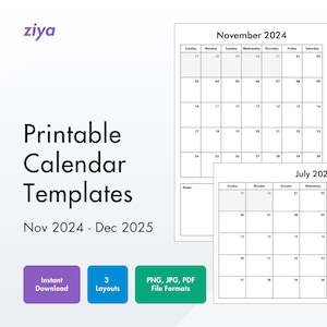 Könnte beinhalten: Druckbare Kalendervorlagen für November 2024 bis Dezember 2025. Das Bild zeigt drei Kalenderlayouts in Schwarzweiß mit den Monaten November 2024, April 2025 und Juli 2025.