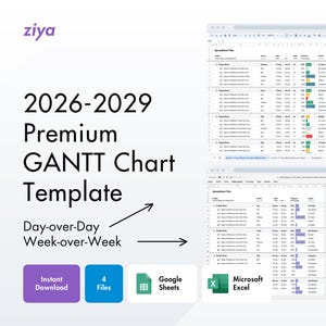 Plantilla premium de diagrama de Gantt para 2026-2029, Hojas de cálculo de Google, Microsoft Excel, Semana de 7 y 5 días, Días hábiles, WoW semanal, DoD diario