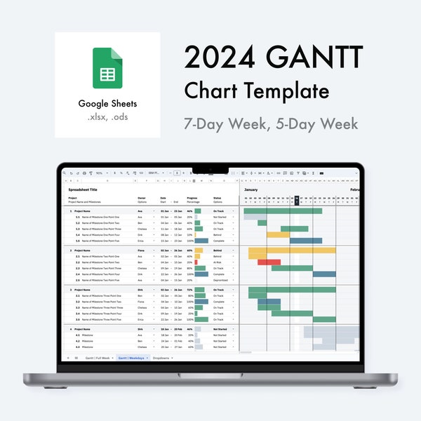 Modello diagramma di Gantt 2024 / Fogli Google / .XLSX / .ODS / Settimana di 7 giorni / Settimana di 5 giorni / Giorni lavorativi / Colori primari