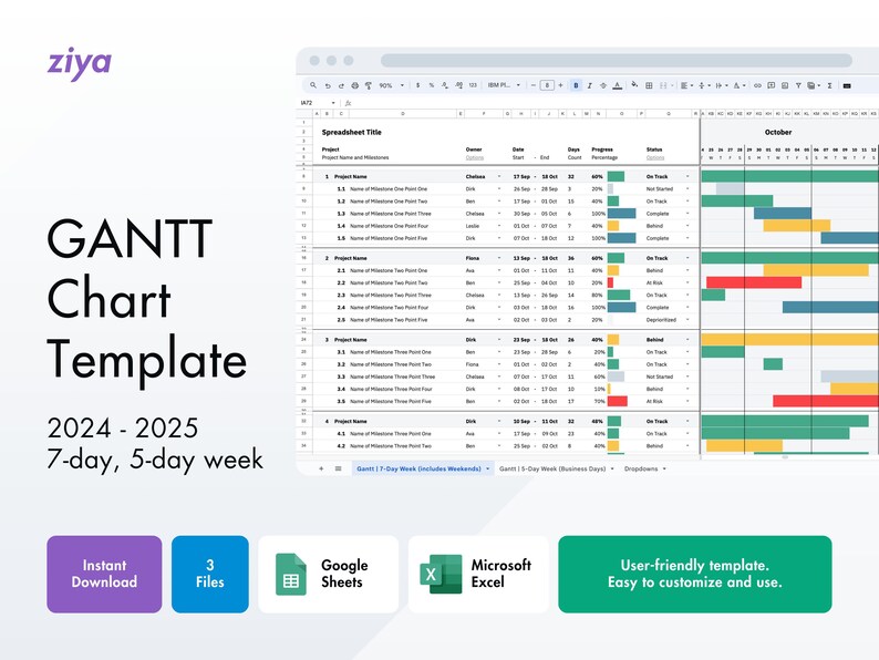 Simple Gantt Chart Google Sheets, Microsoft Excel, 7day Week, 5day