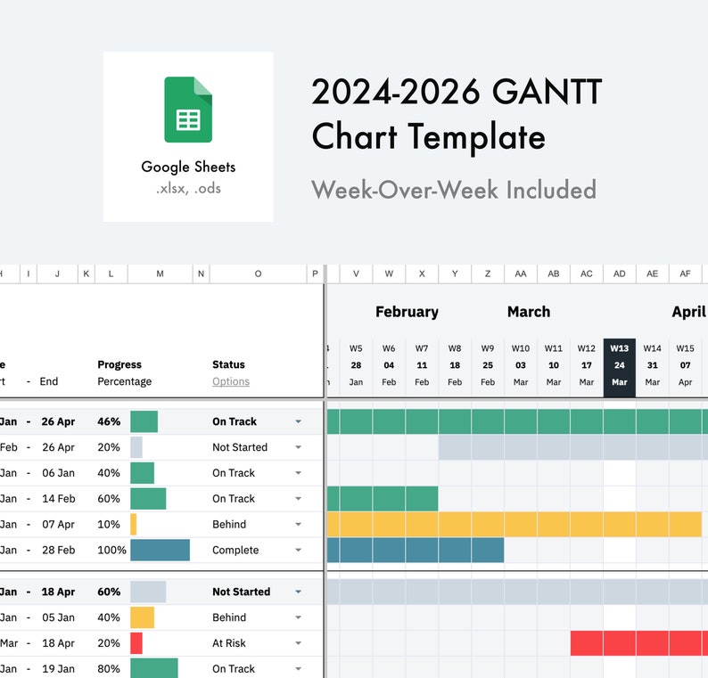 2024 2025 2026 Gantt Chart Template Google Sheets Microsoft Excel .XLSX