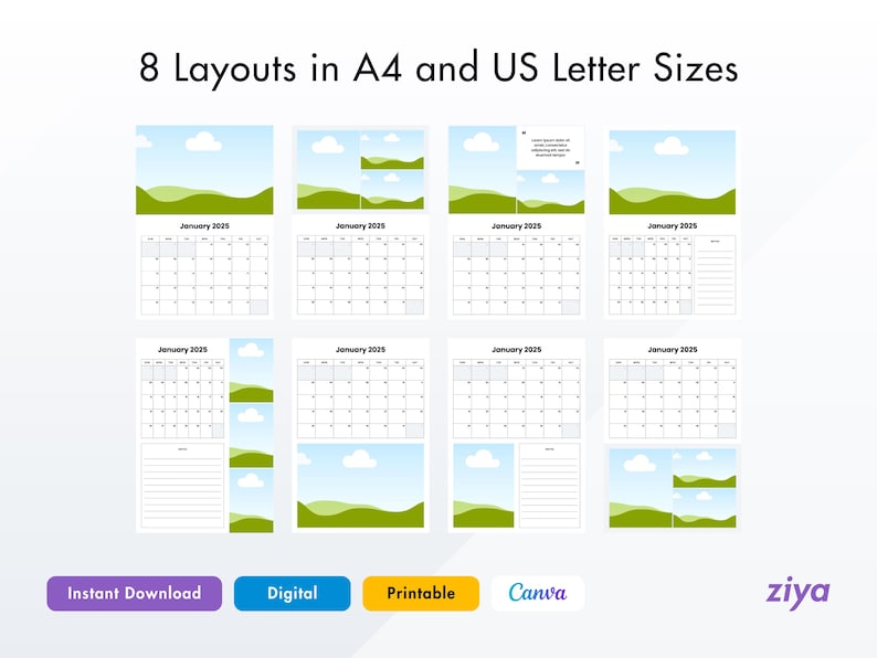 2025 Canva Calendar Template Bundle Fully Editable for Free in Canva A4