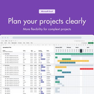 以下が含まれることがあります： プロジェクトのタイムラインを示すMicrosoft Excelスプレッドシートのスクリーンショット。「プロジェクトを明確に計画する」というテキストが紫色の背景に表示されています。スプレッドシートには、プロジェクト名、日付、進捗状況、ステータスが表示され、1月から4月までのカレンダービューがあります。